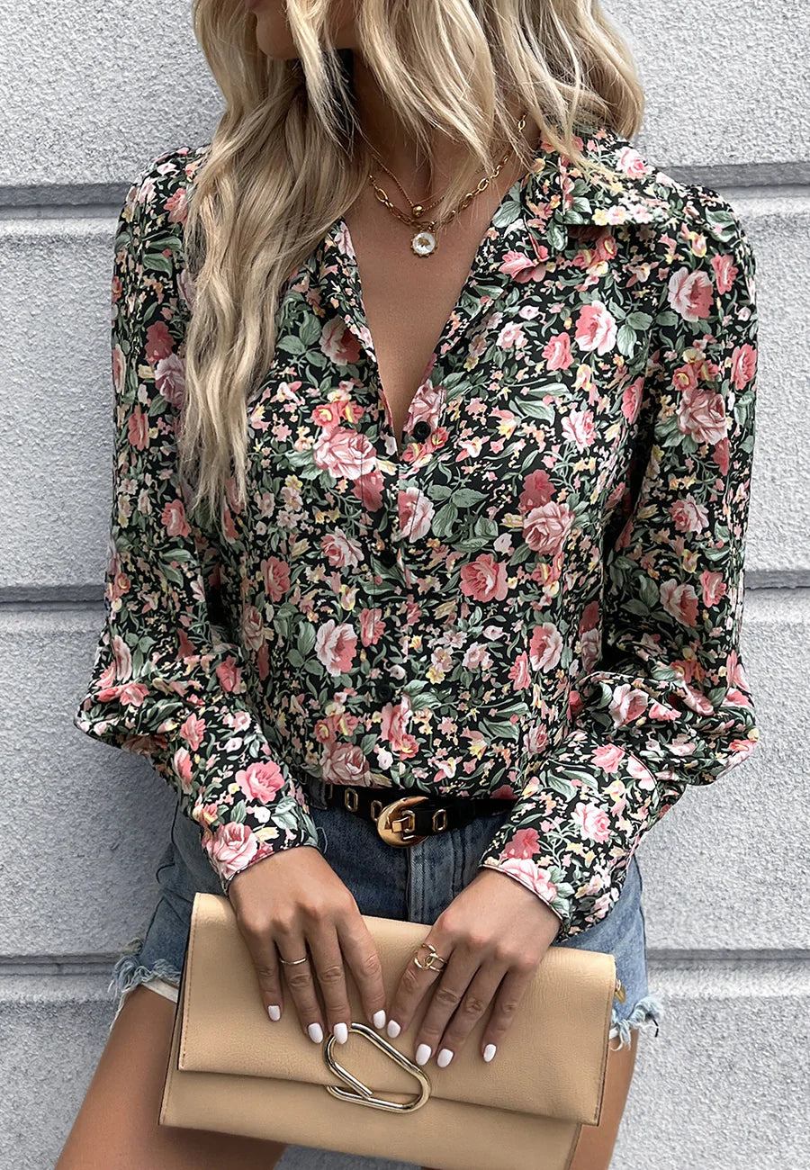 Printed Button Down Fall Blouse