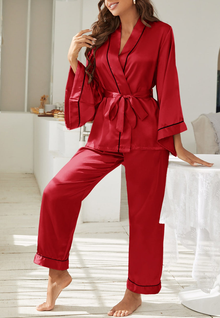 Contrast Piping Robe Top and Pajama