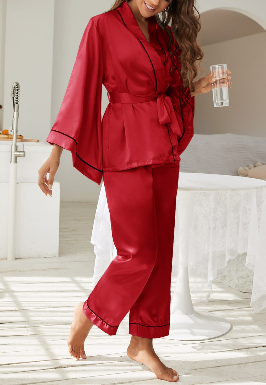 Contrast Piping Robe Top and Pajama