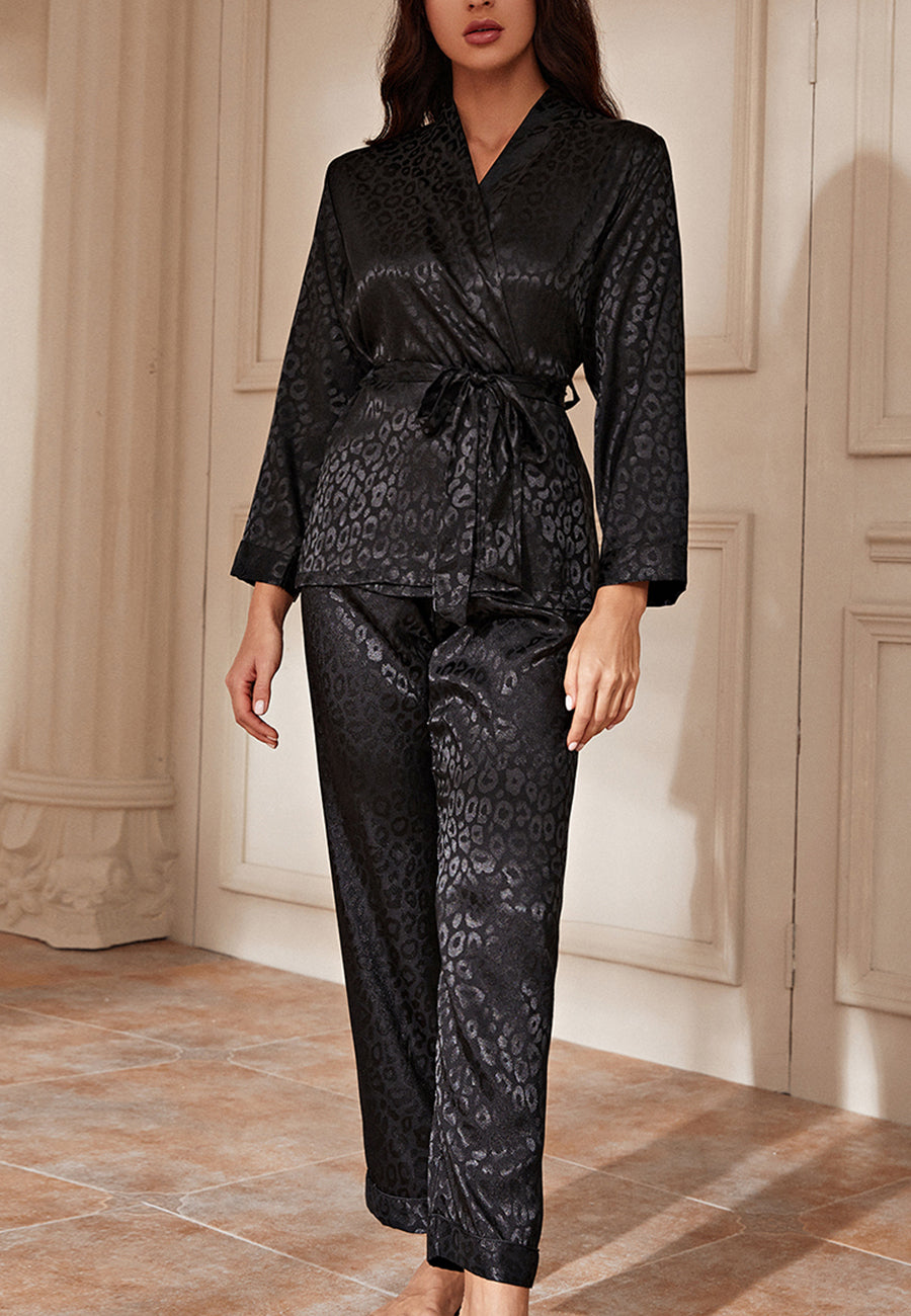 Leopard Print Wrap Top and Pajama Set