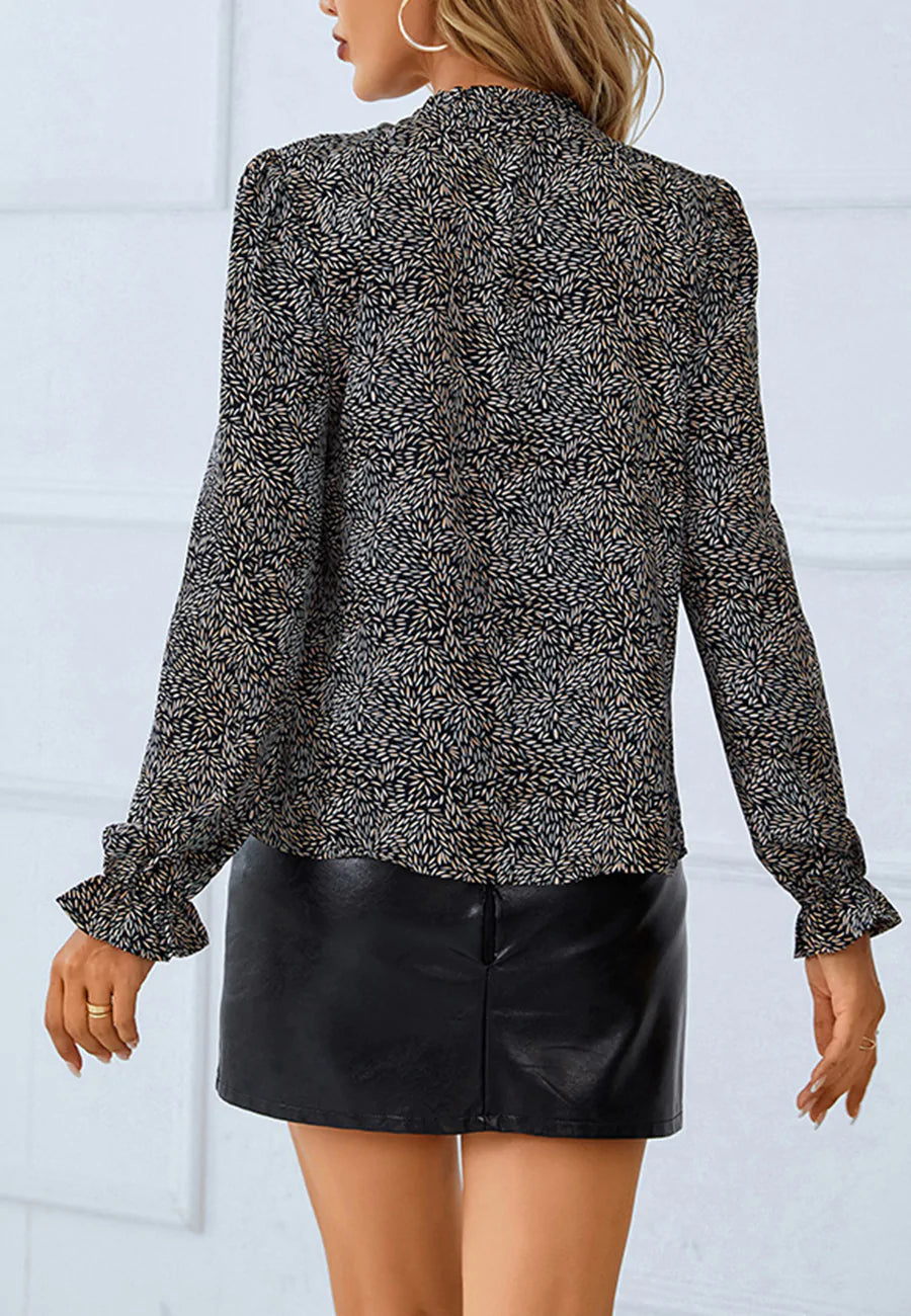 Leaf Print Tie Neck Blouse