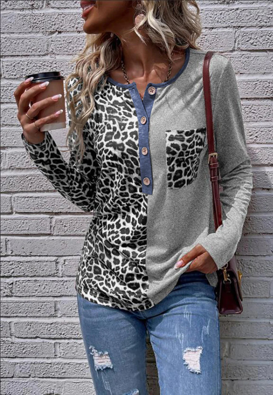 Two Tone Leopard Henley Top