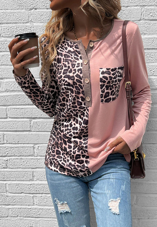 Two Tone Leopard Henley Top