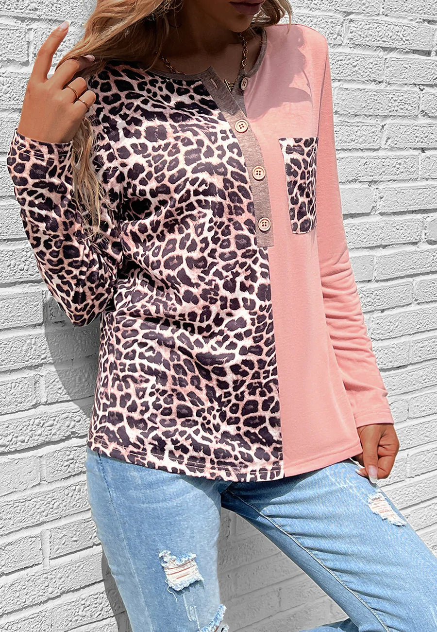 Two Tone Leopard Henley Top
