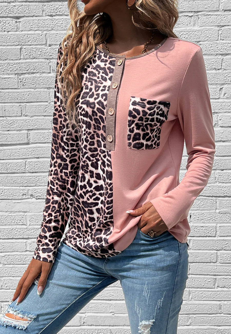 Two Tone Leopard Henley Top