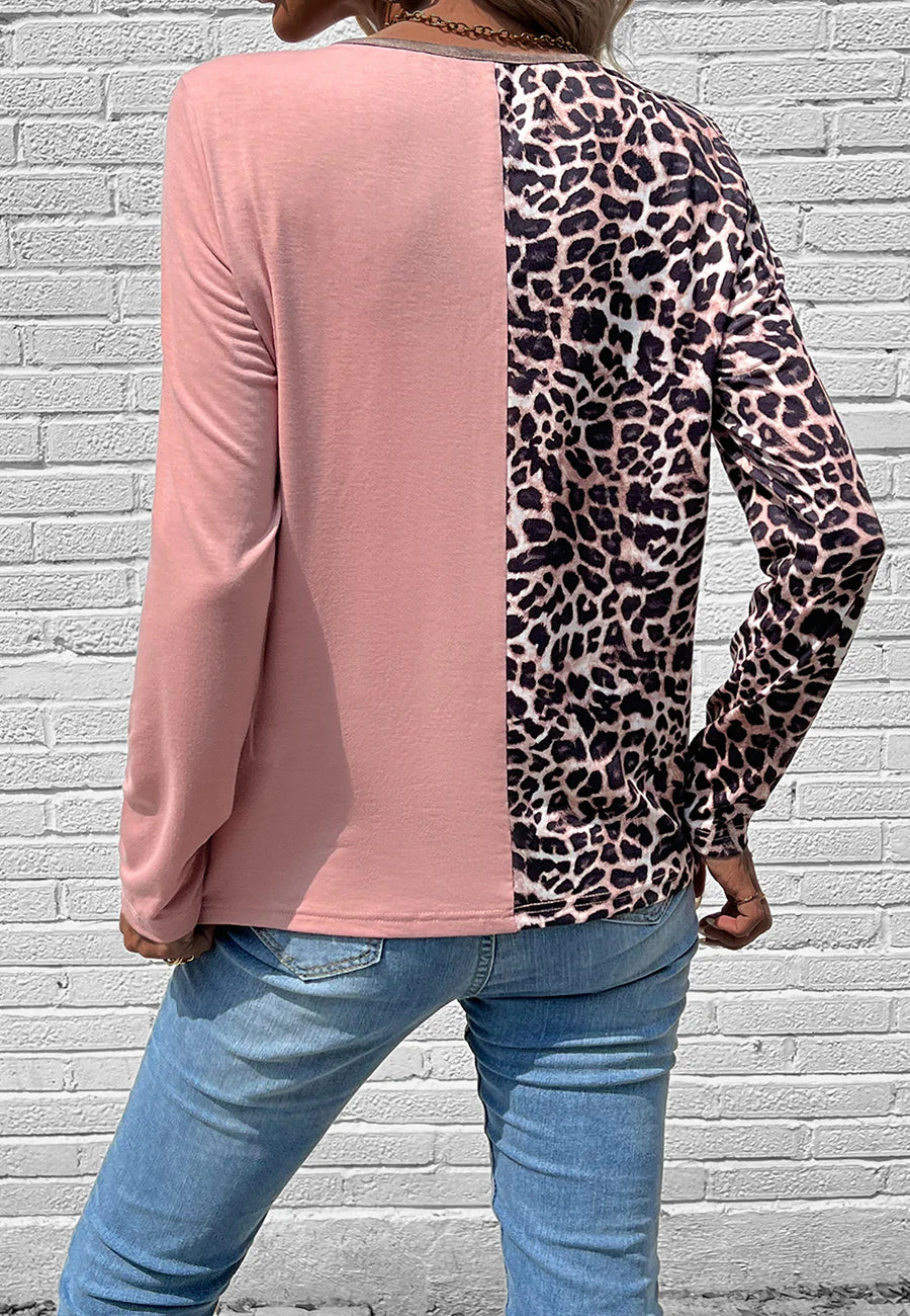 Two Tone Leopard Henley Top