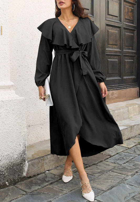 Ruffle Surplice Neck Wrap Dress