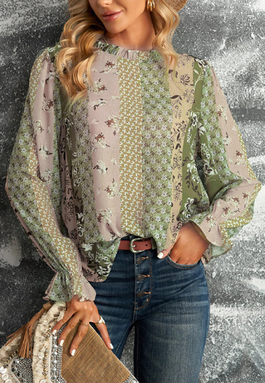 Ruffle Neck Mixed Floral Blouse