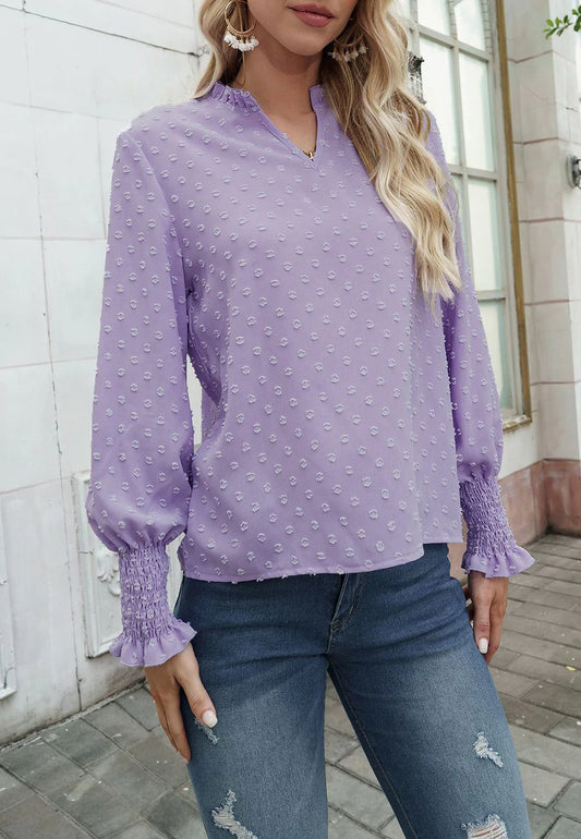 Swiss Dot Shirred Cuff Blouse