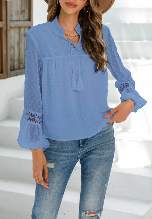 Tassel Tie Neck Clip Dot Blouse