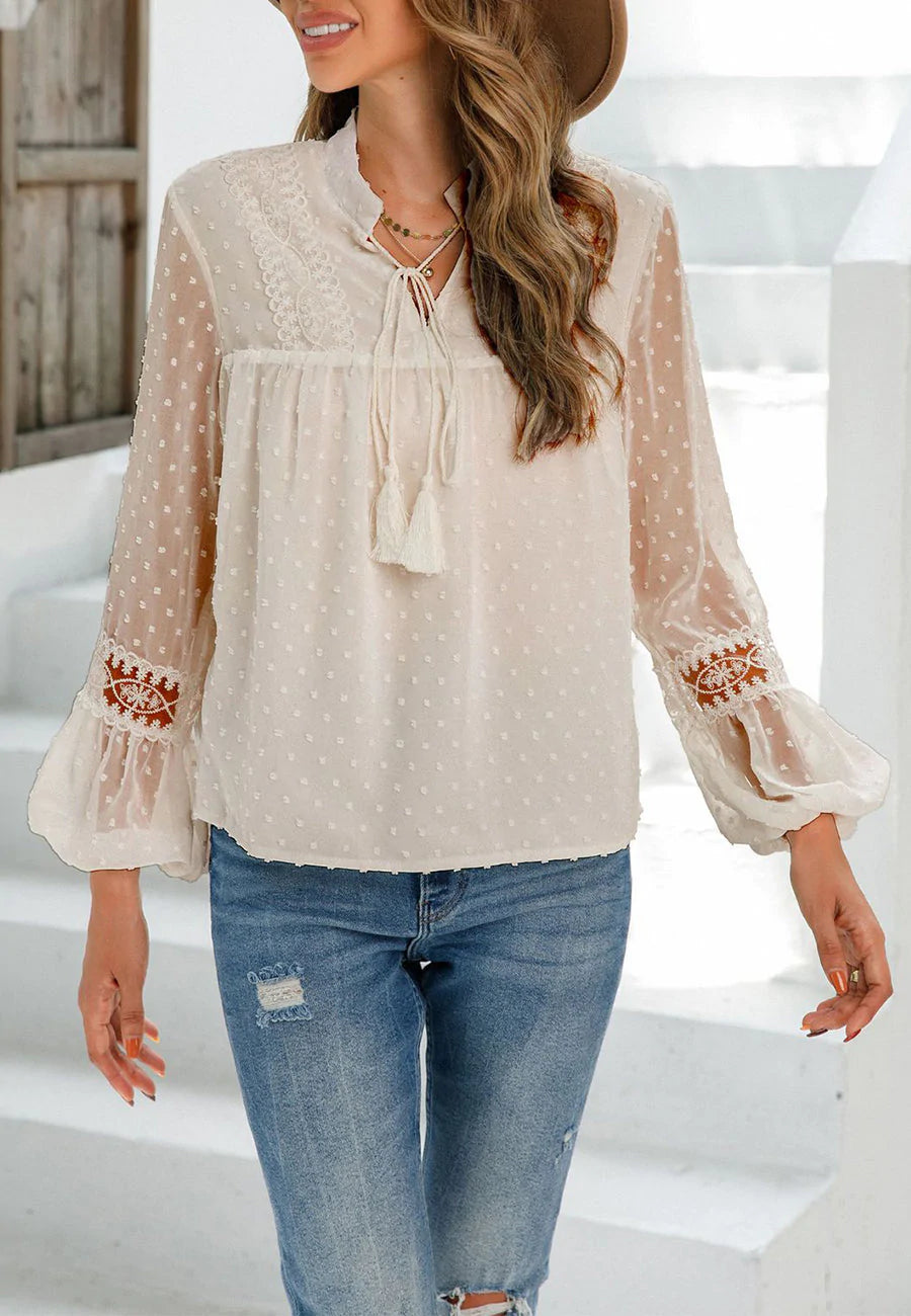 Tassel Tie Neck Clip Dot Blouse