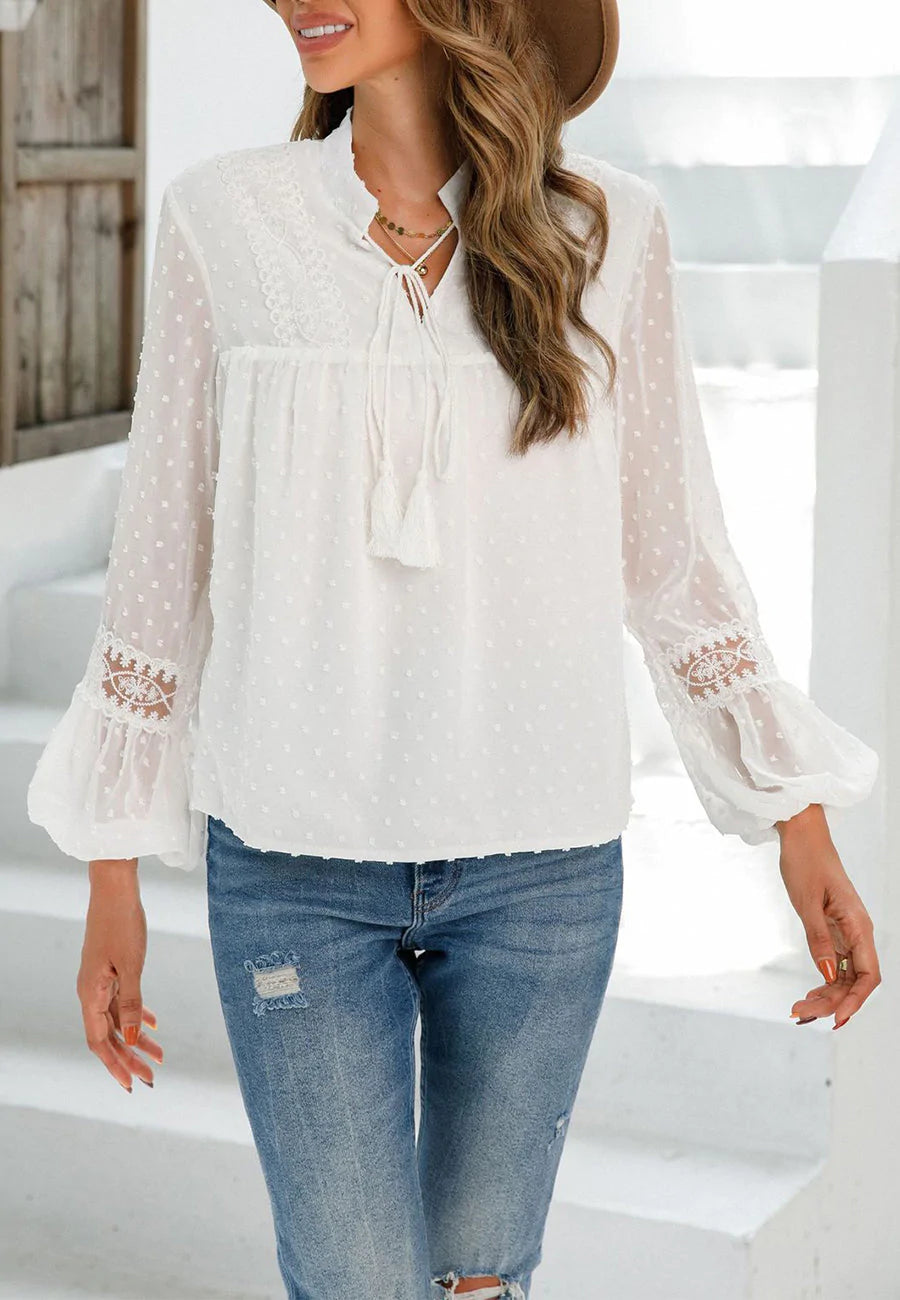 Tassel Tie Neck Clip Dot Blouse