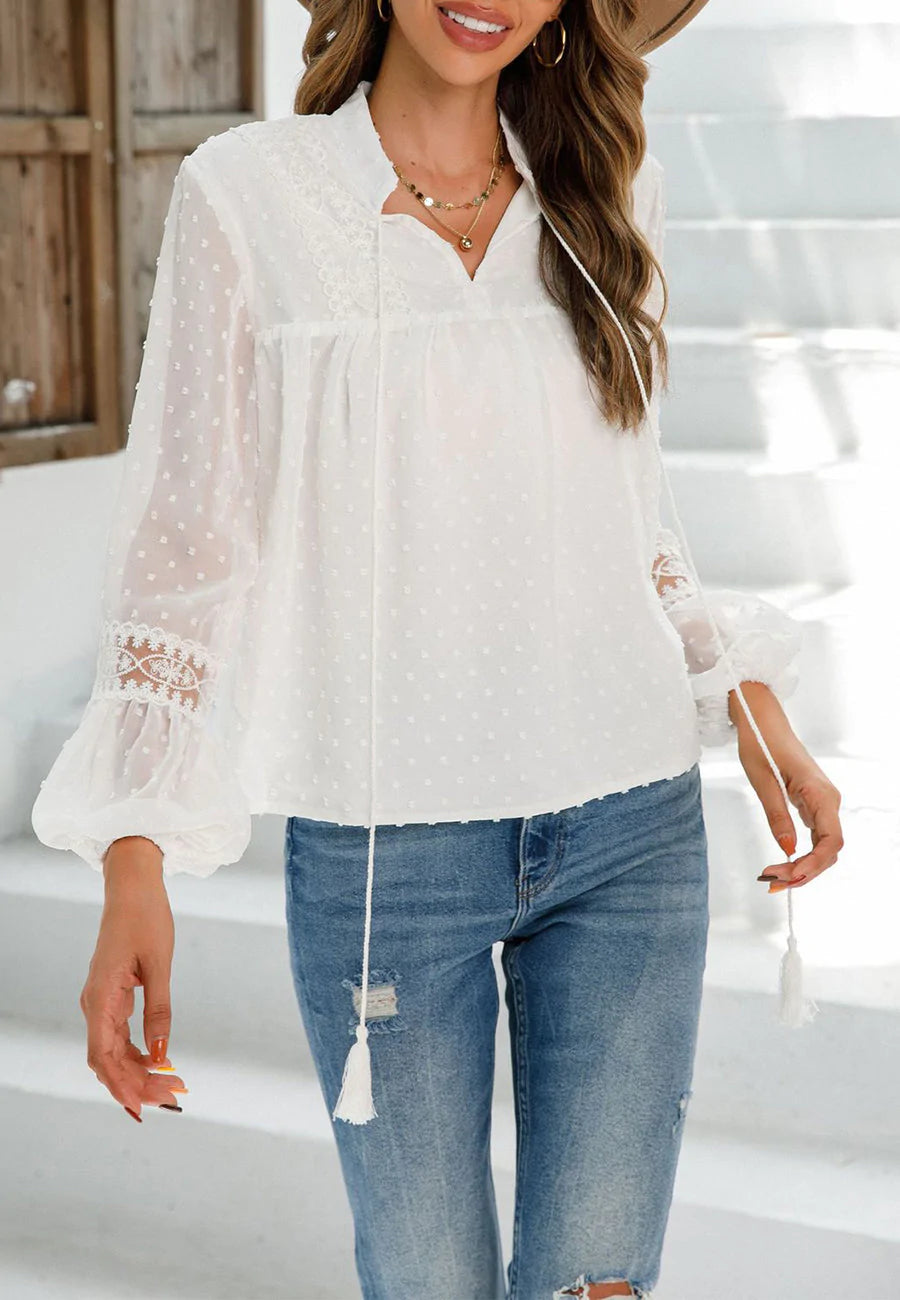 Tassel Tie Neck Clip Dot Blouse