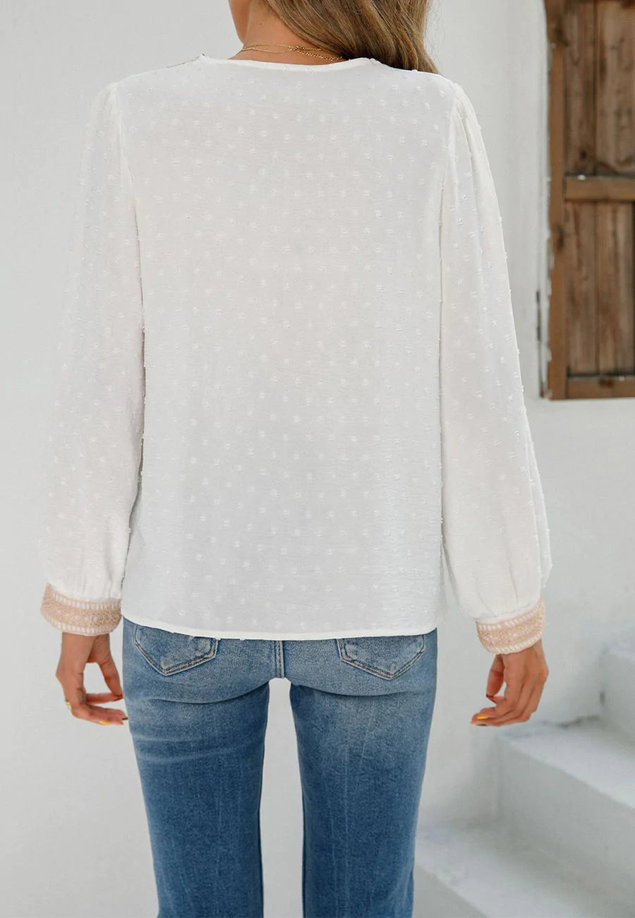 Tassel Tie Neck Clip Dot Blouse