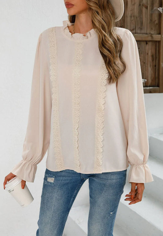 Ruffle Neck Lace Detail Blouse
