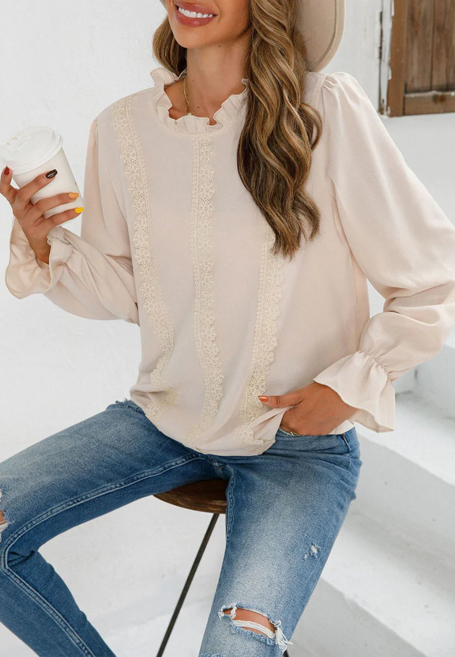 Ruffle Neck Lace Detail Blouse