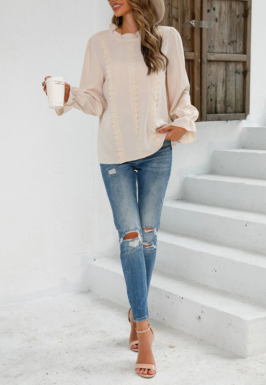 Ruffle Neck Lace Detail Blouse