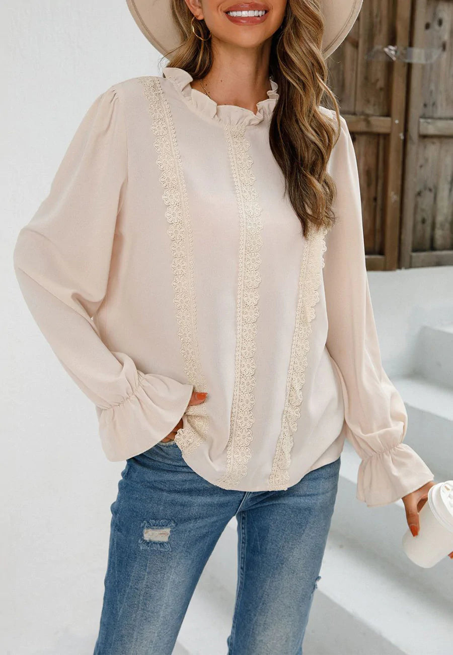 Ruffle Neck Lace Detail Blouse