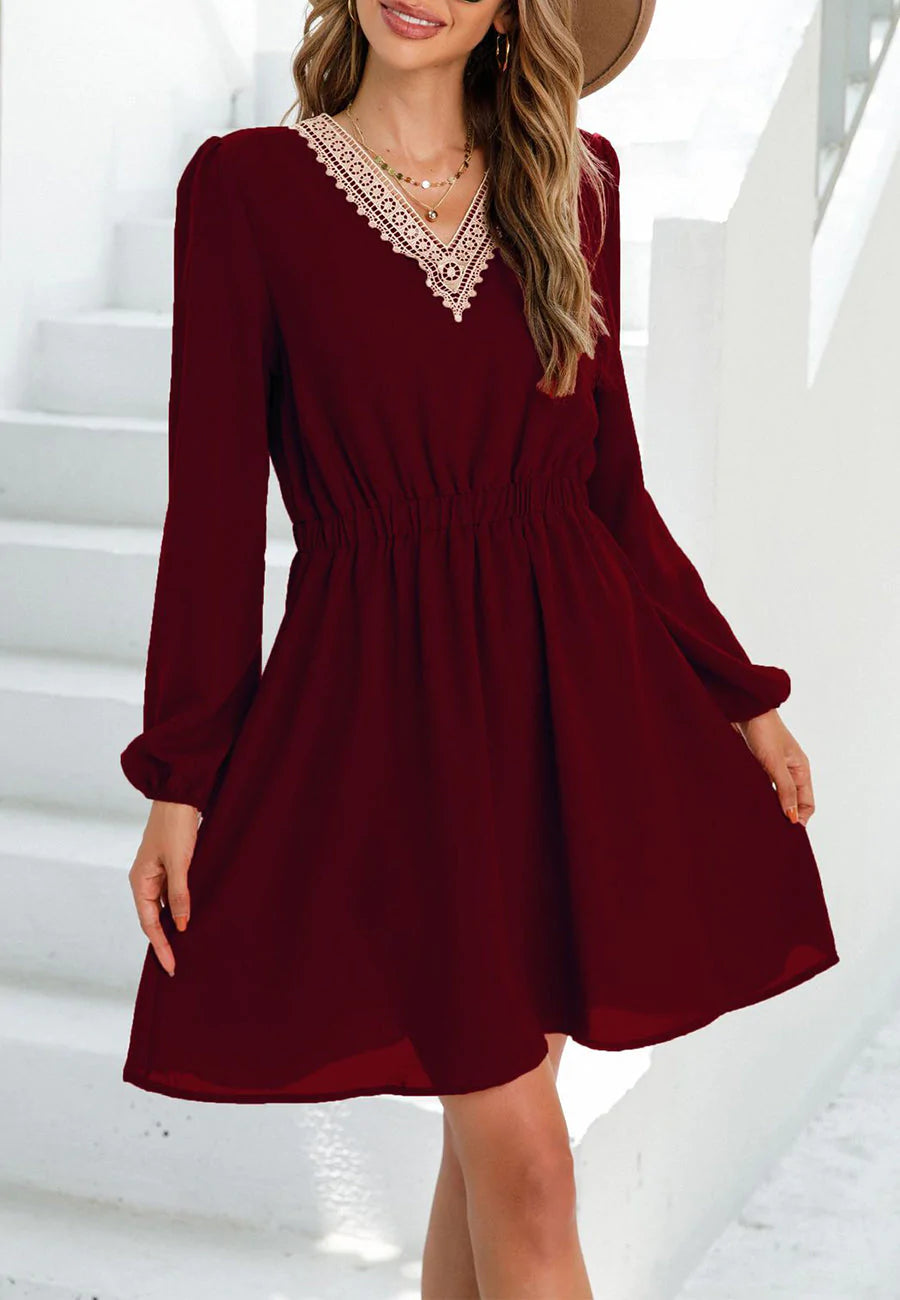 V Neck Crochet Trim Dress