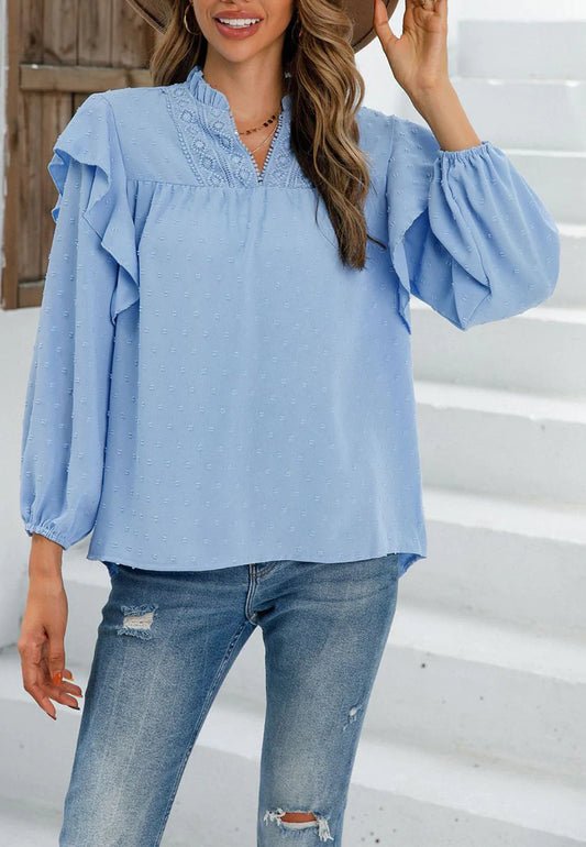 Clip Dot Ruffle Shoulder Blouse