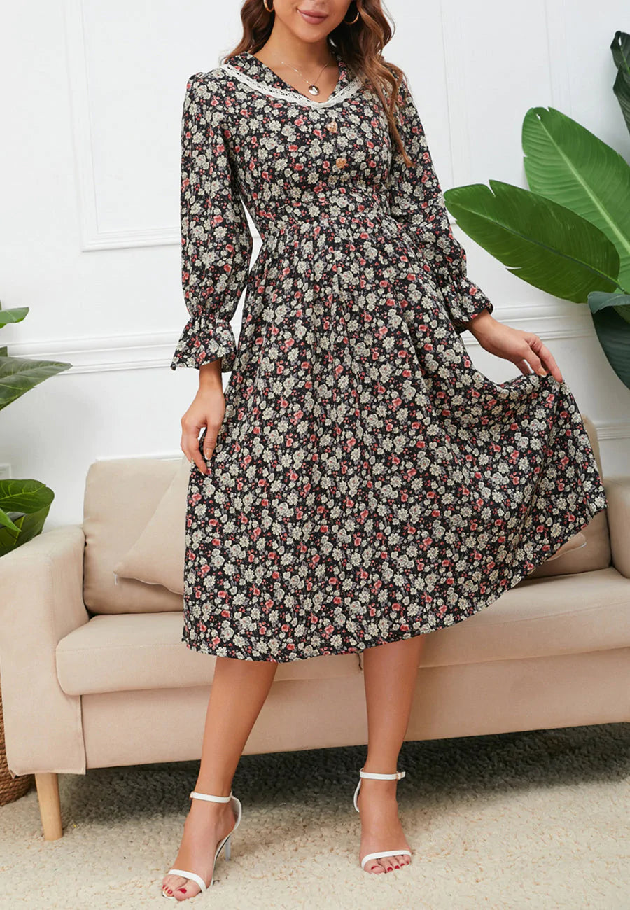 Lace Trim Collar Floral Dress