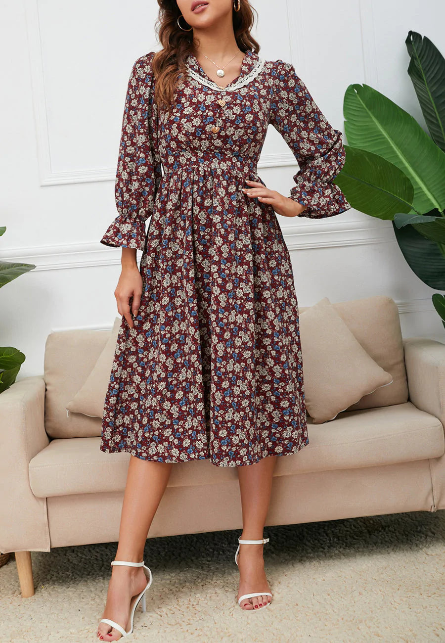 Lace Trim Collar Floral Dress