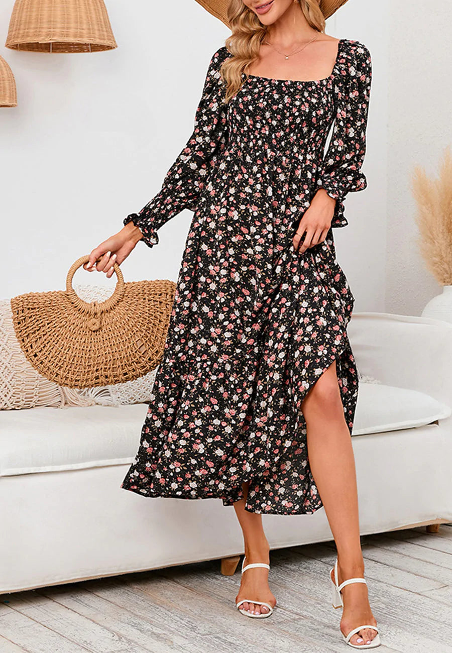 Square Neck Floral Midi Dress