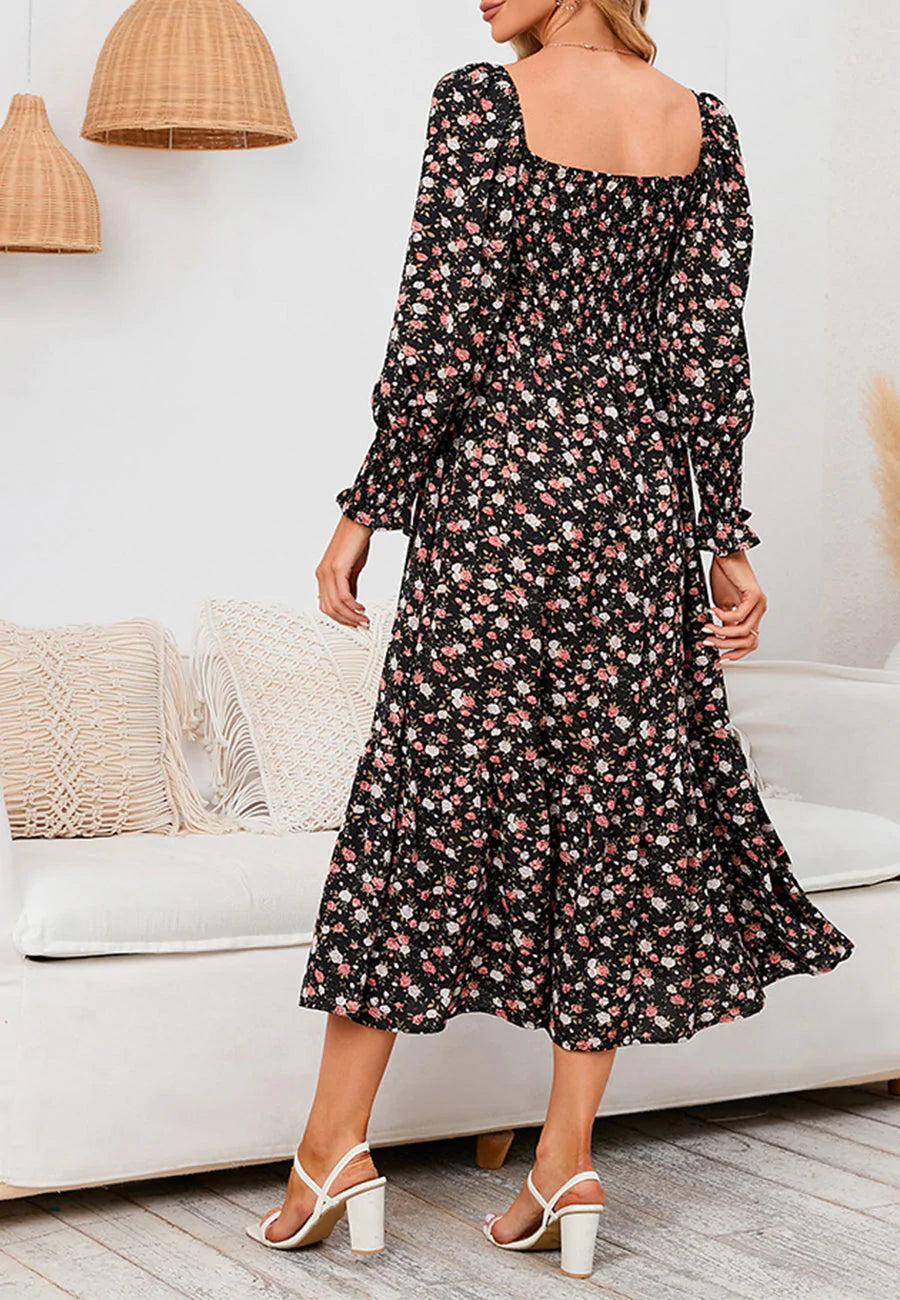 Square Neck Floral Midi Dress