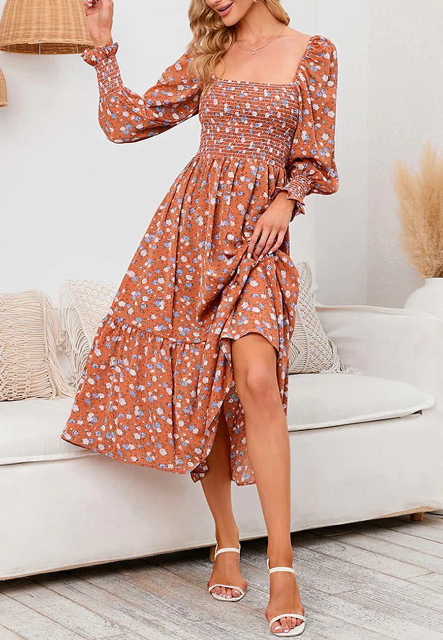 Square Neck Floral Midi Dress