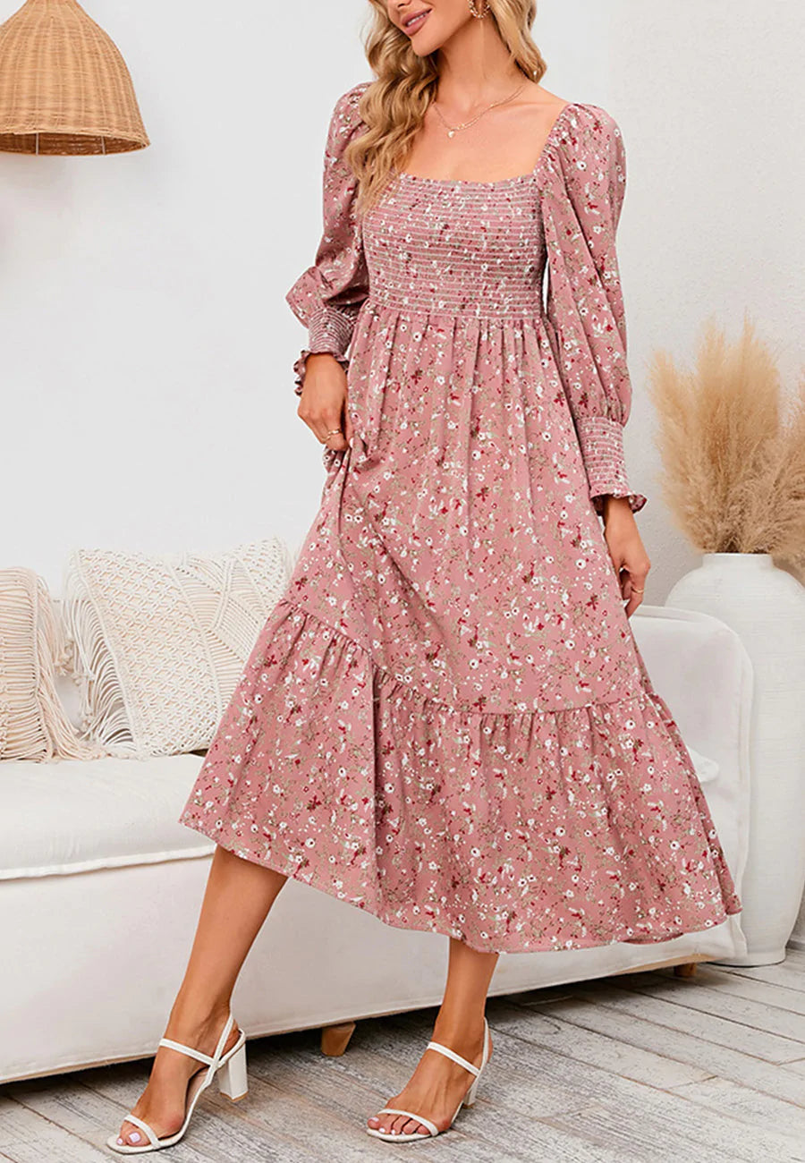 Square Neck Floral Midi Dress