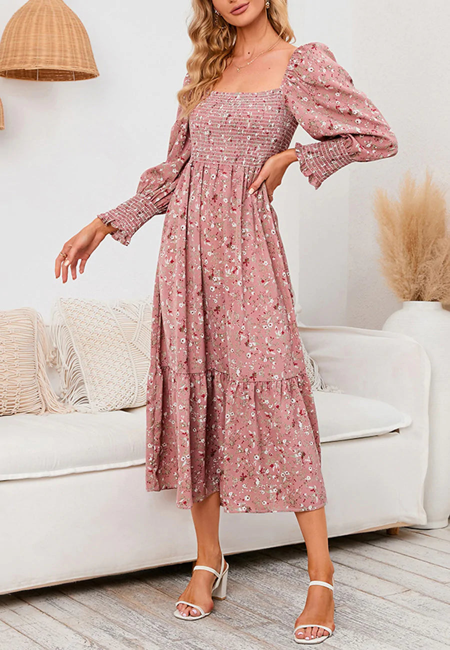 Square Neck Floral Midi Dress