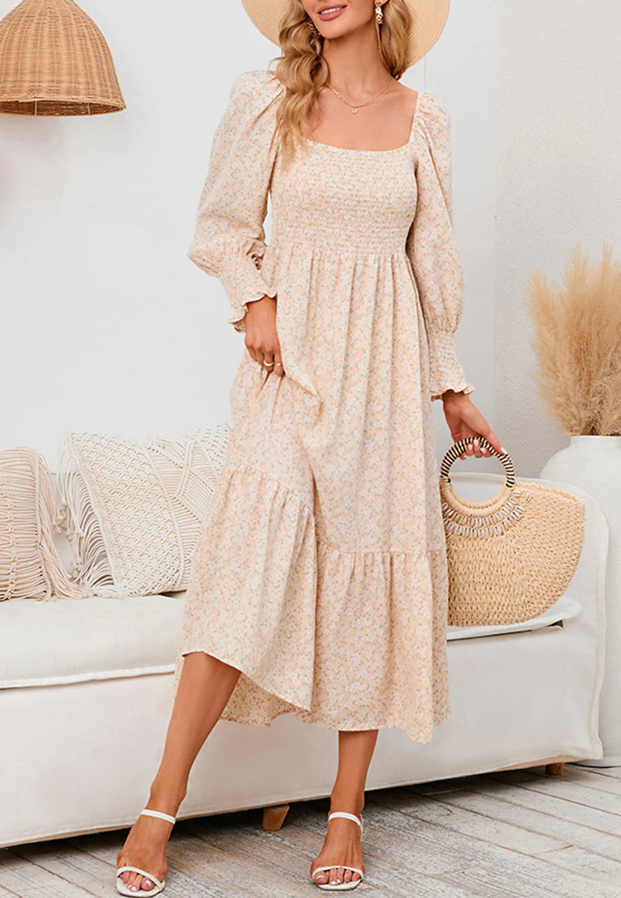 Square Neck Floral Midi Dress