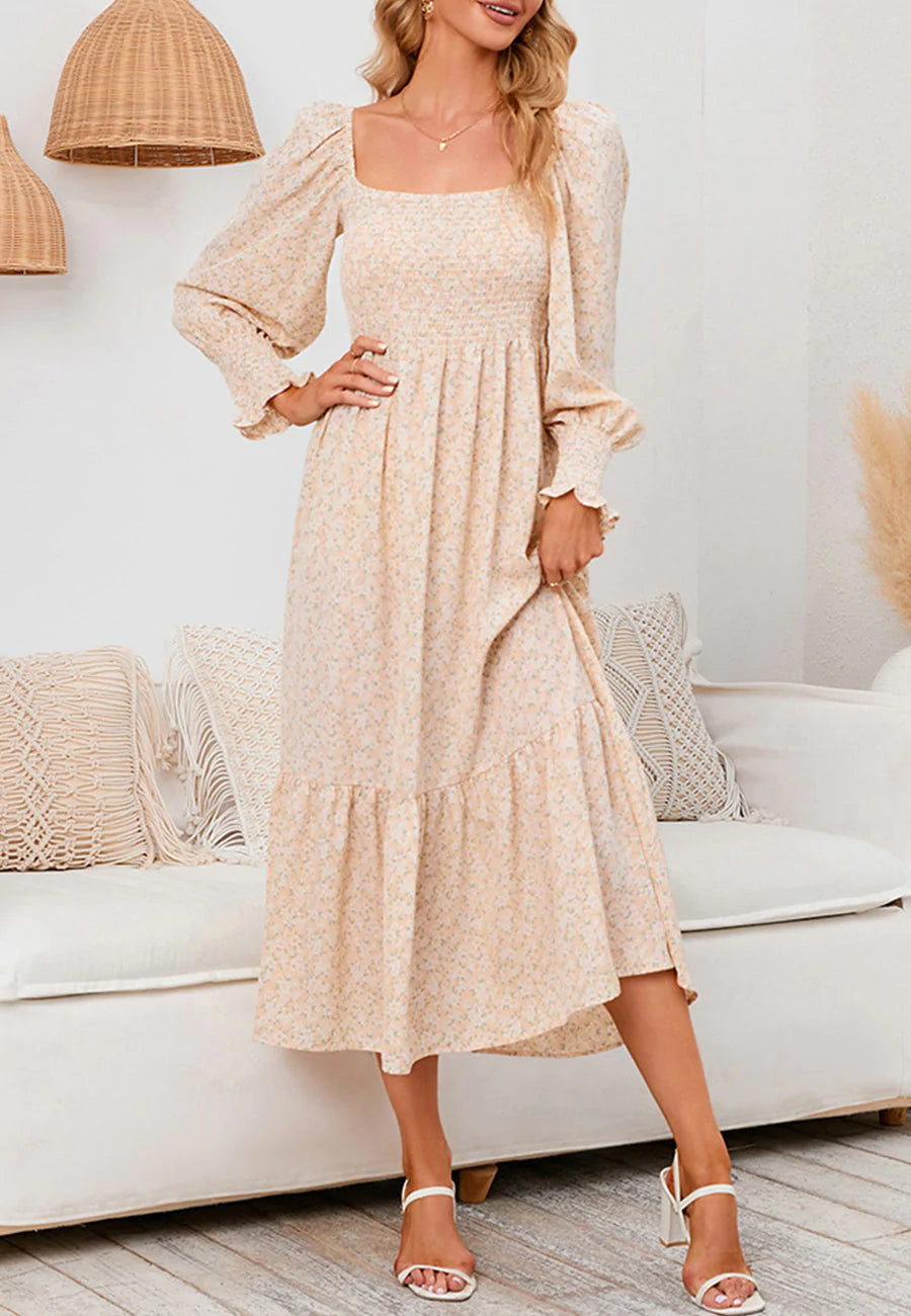 Square Neck Floral Midi Dress
