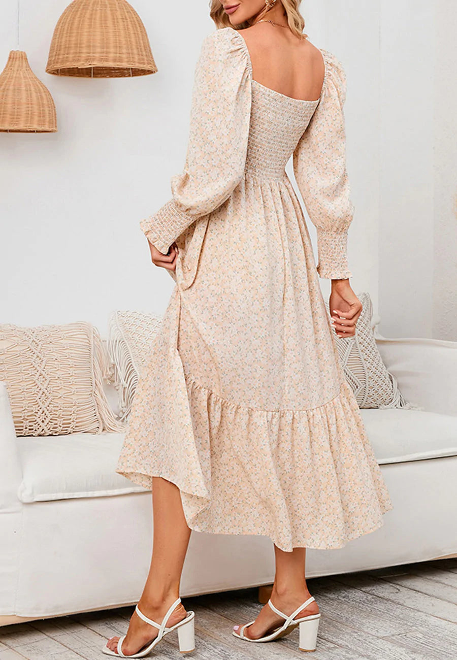 Square Neck Floral Midi Dress