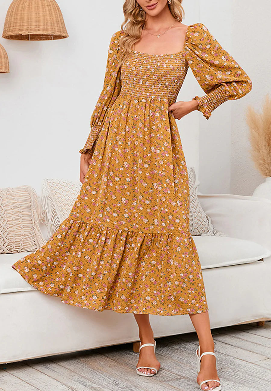 Square Neck Floral Midi Dress