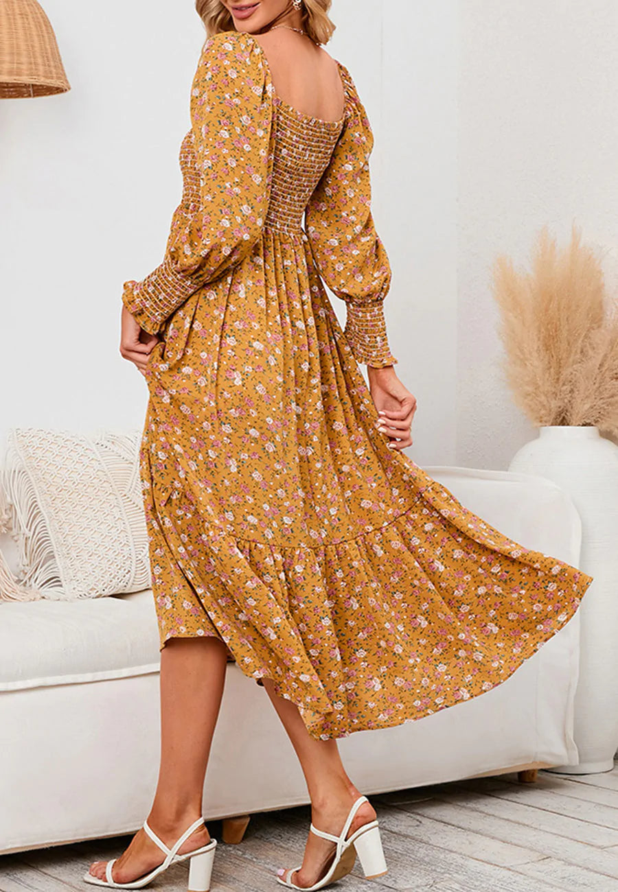 Square Neck Floral Midi Dress