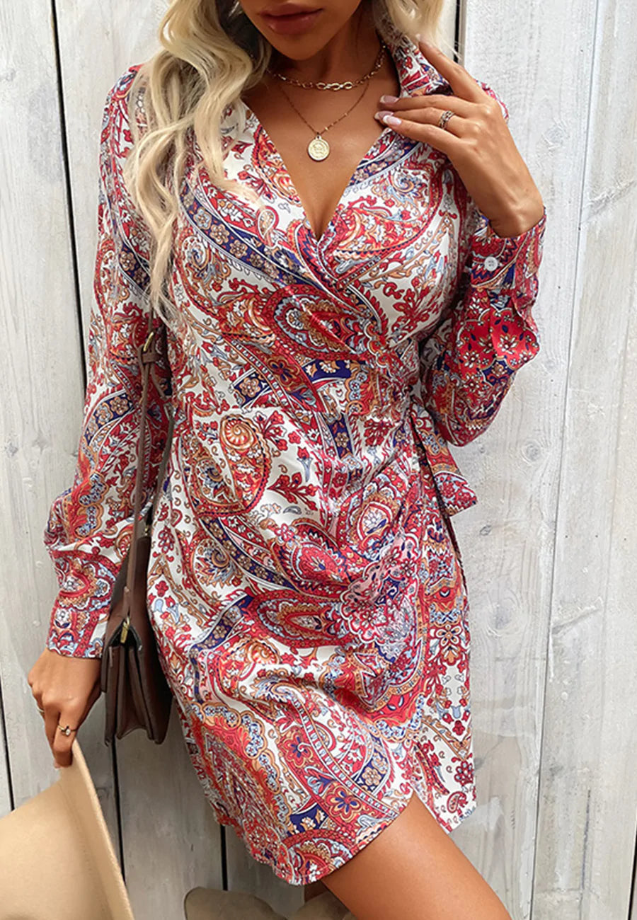 Paisley Print Surplice Wrap Dress