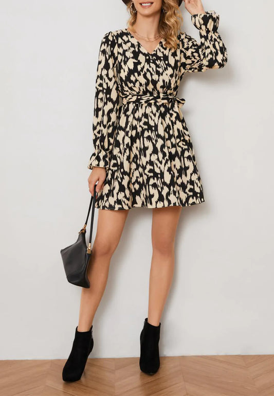 Abstract Print Surplice Neck Dress