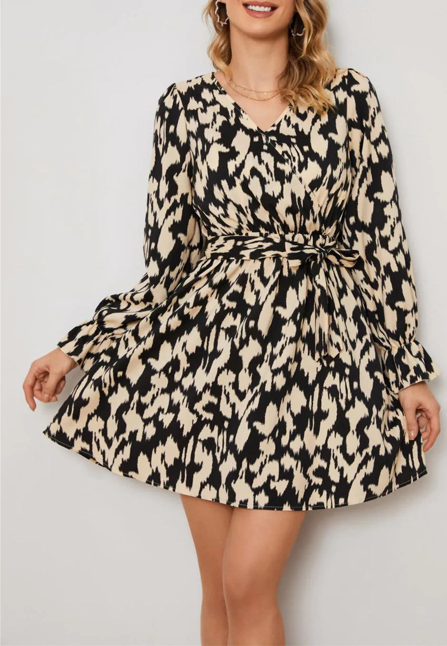 Abstract Print Surplice Neck Dress