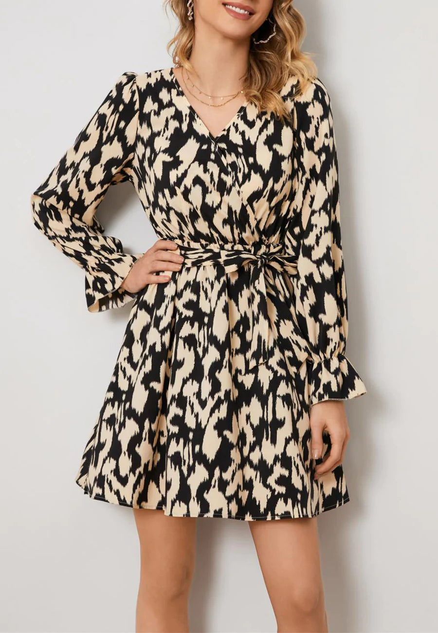 Abstract Print Surplice Neck Dress