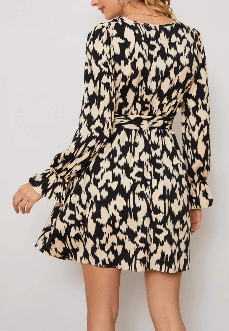 Abstract Print Surplice Neck Dress
