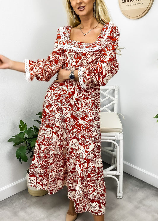 Crochet Trim Ruffle Neck Dress