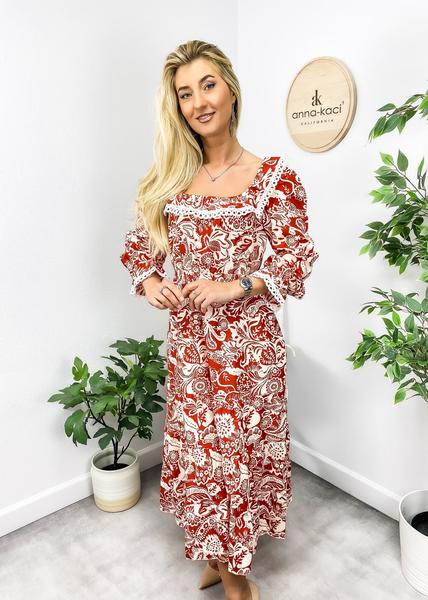 Crochet Trim Ruffle Neck Dress
