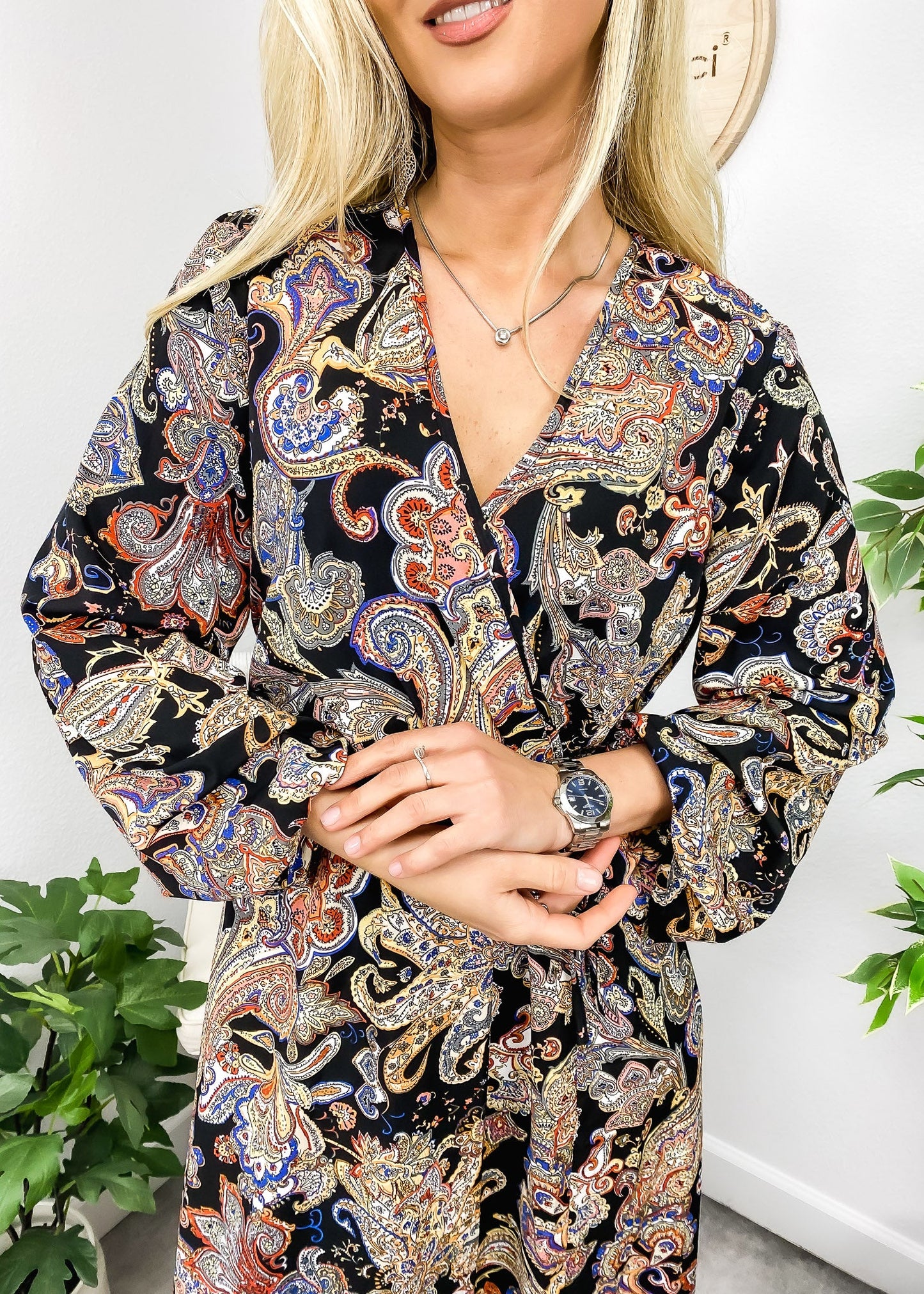 Paisley Print Long Sleeve Midi Dress