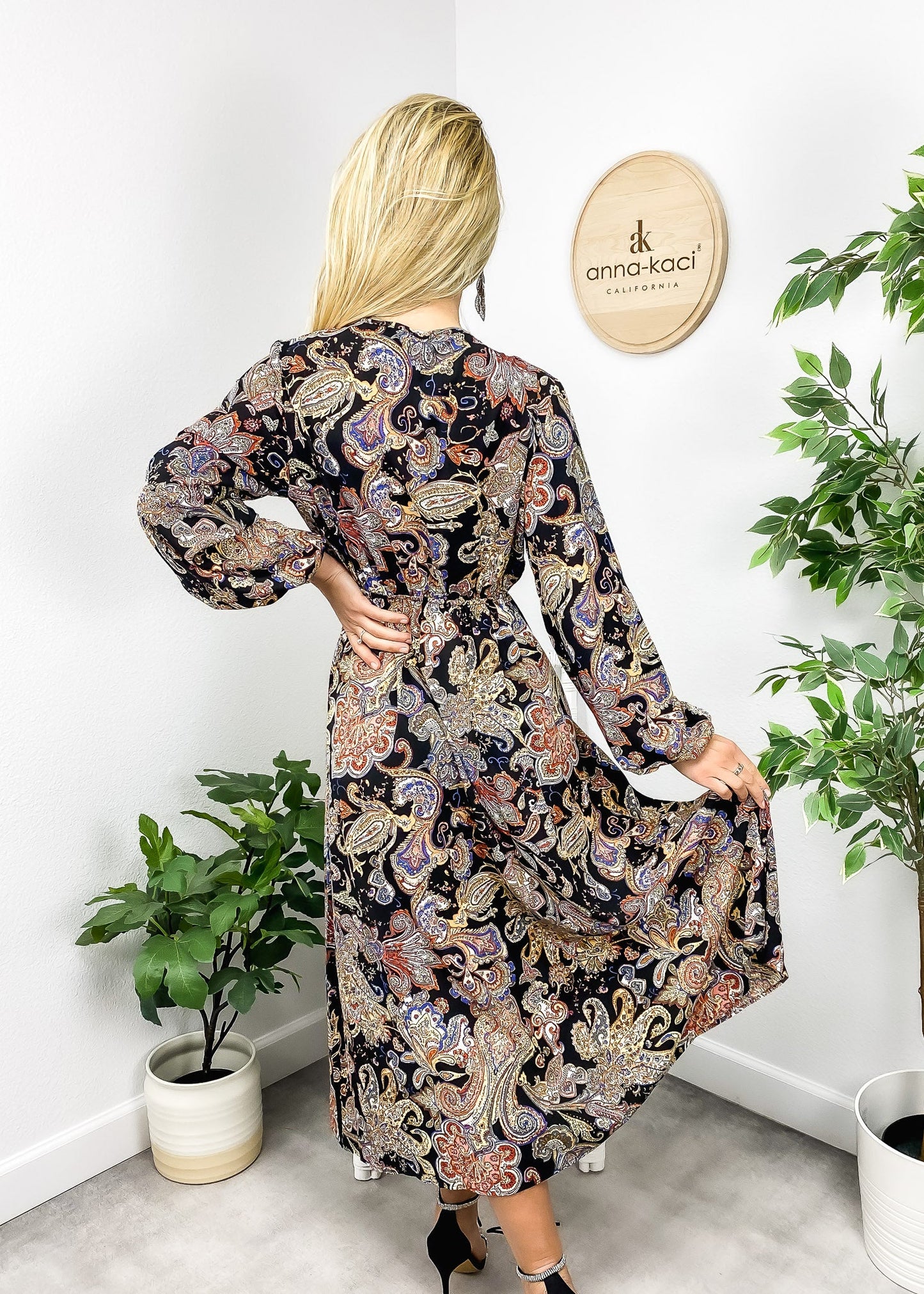 Paisley Print Long Sleeve Midi Dress
