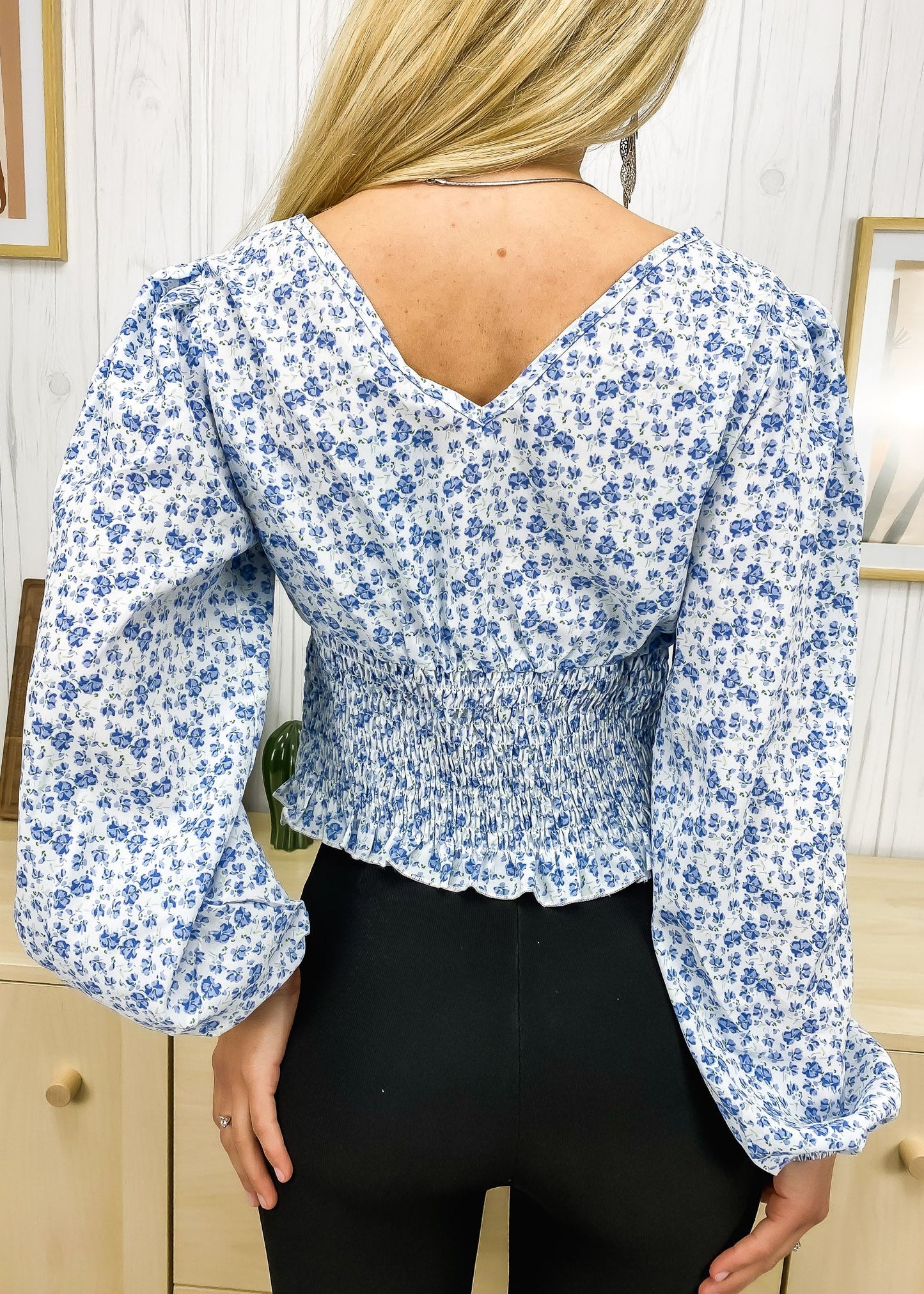 V Neck Shirred Waist Blouse