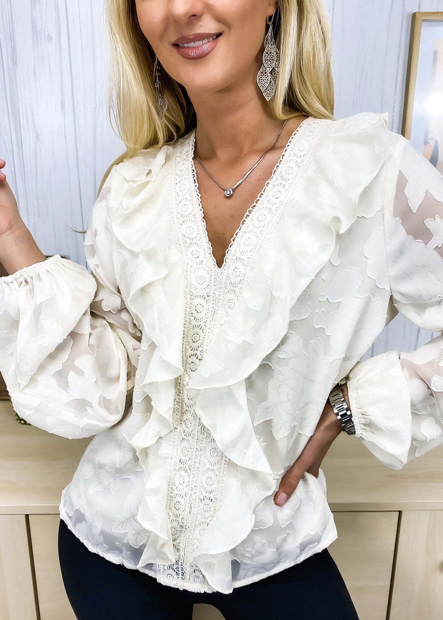 Ruffle Front Textured Floral Blouse