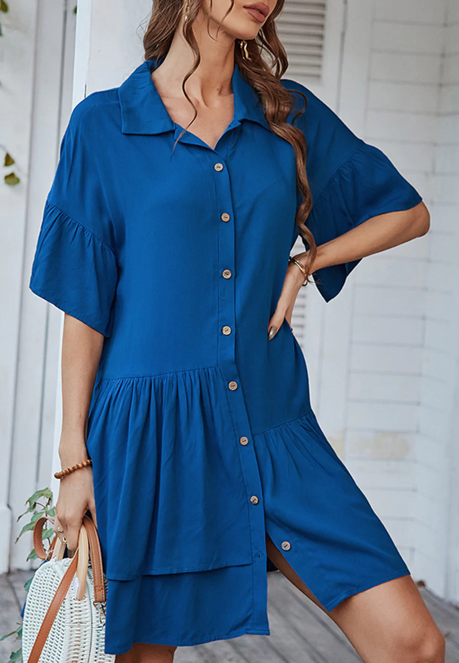 Button Down Asymmetrical Ruffle Dress
