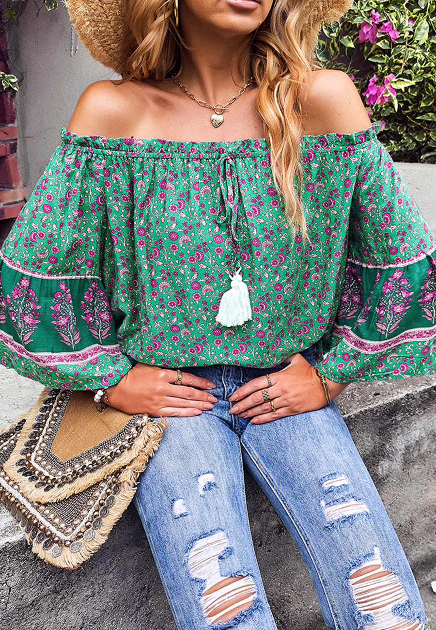 Off-Shoulder Tassel Tie Blouse
