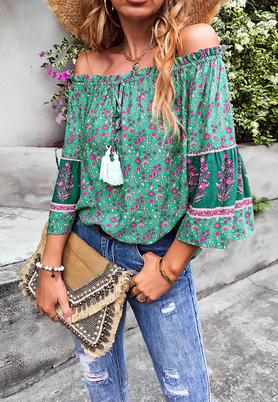 Off-Shoulder Tassel Tie Blouse